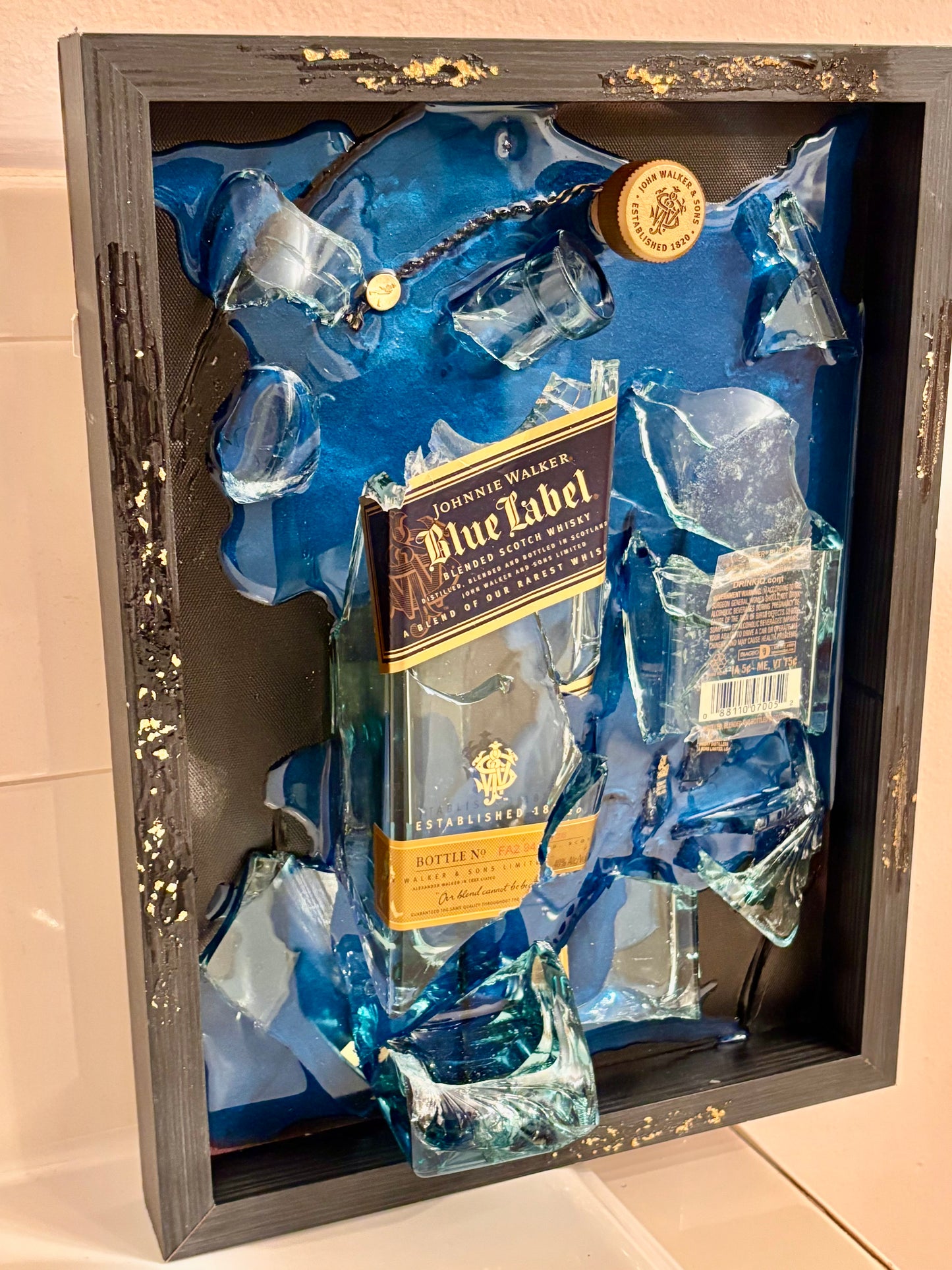 Blue Label Johnnie Walker • smashed bottle wall decor