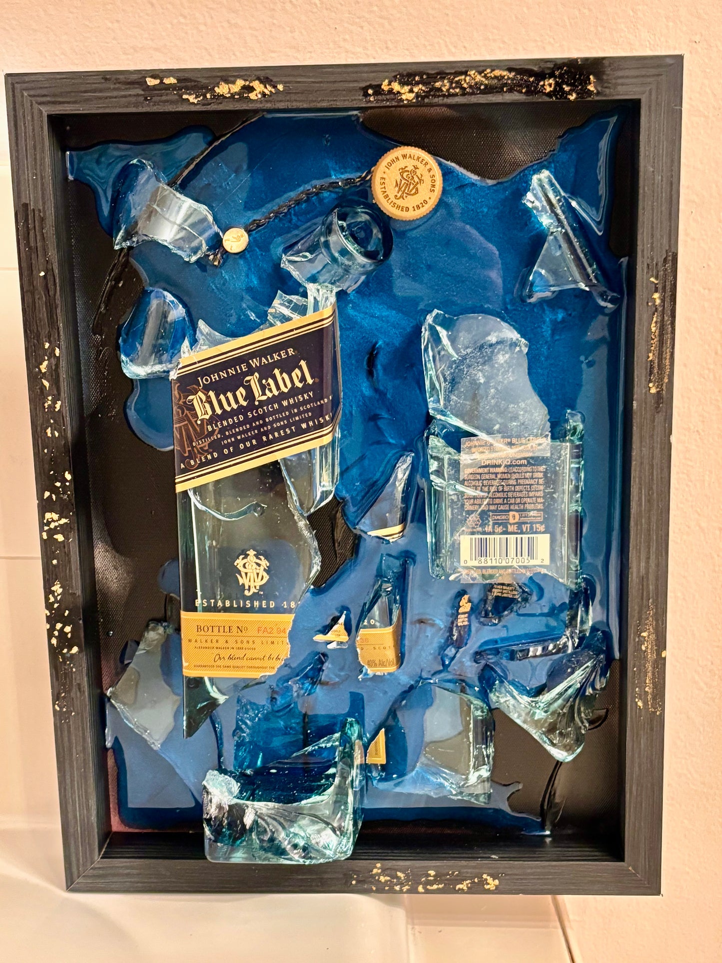 Blue Label Johnnie Walker • smashed bottle wall decor