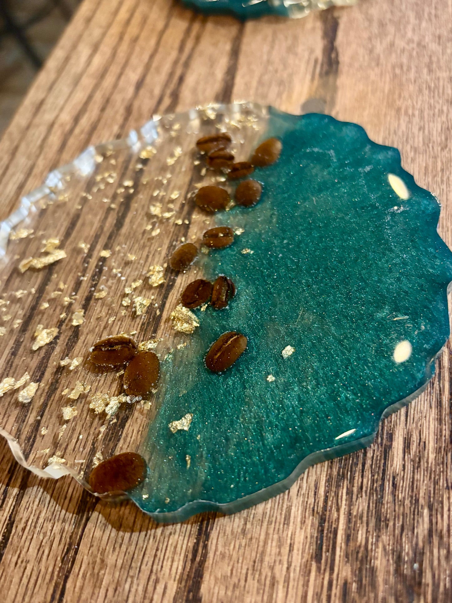 Jungle Green & Gold leaf coaster with real coffee beans
