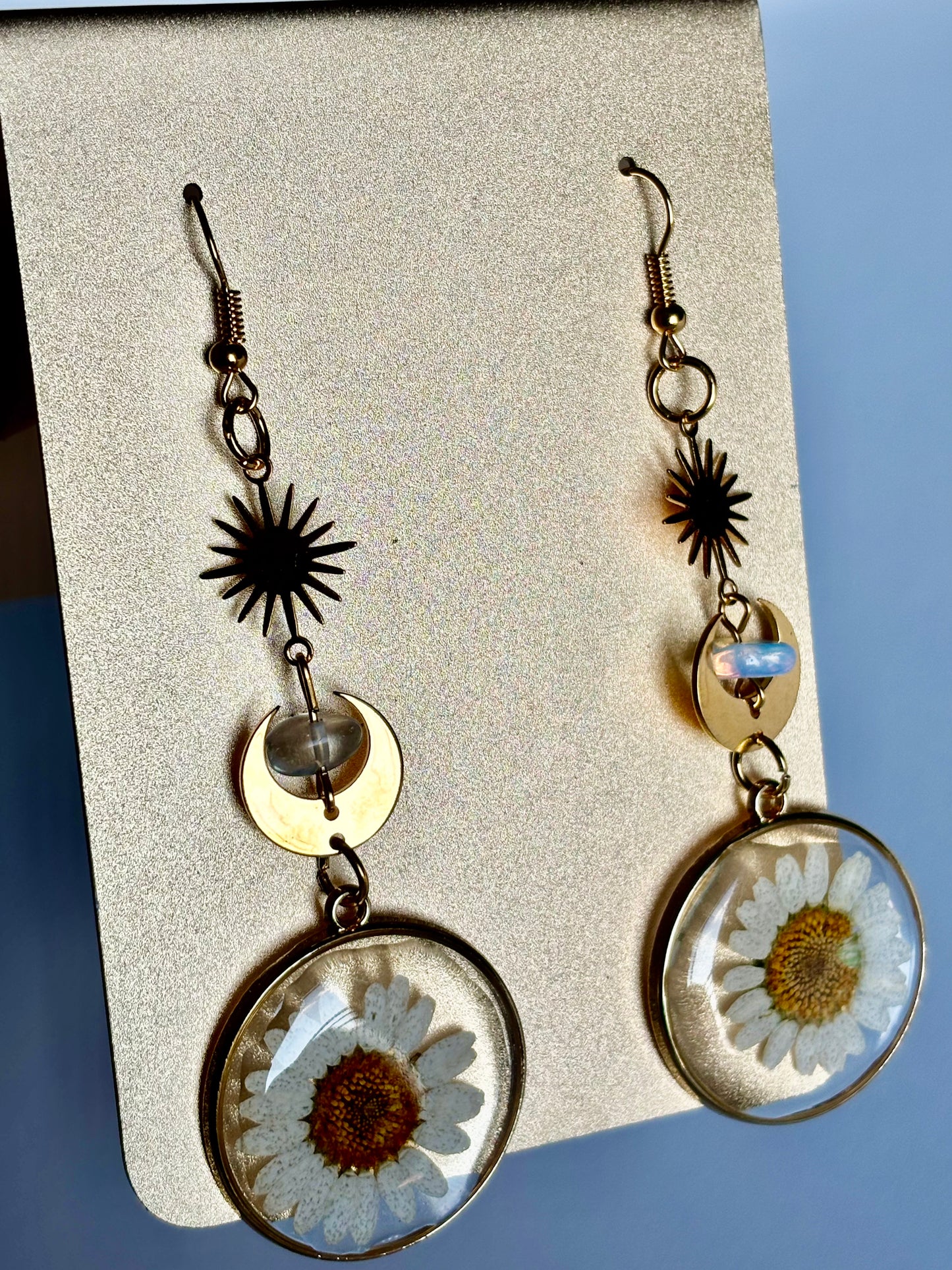 Resin Daisy Dangle earrings with Sunburst and Crescent Moon