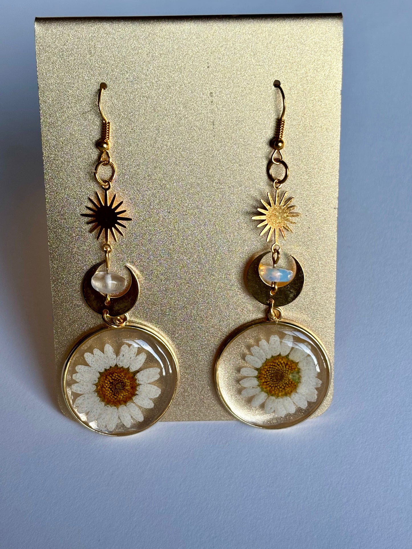 Resin Daisy Dangle earrings with Sunburst and Crescent Moon