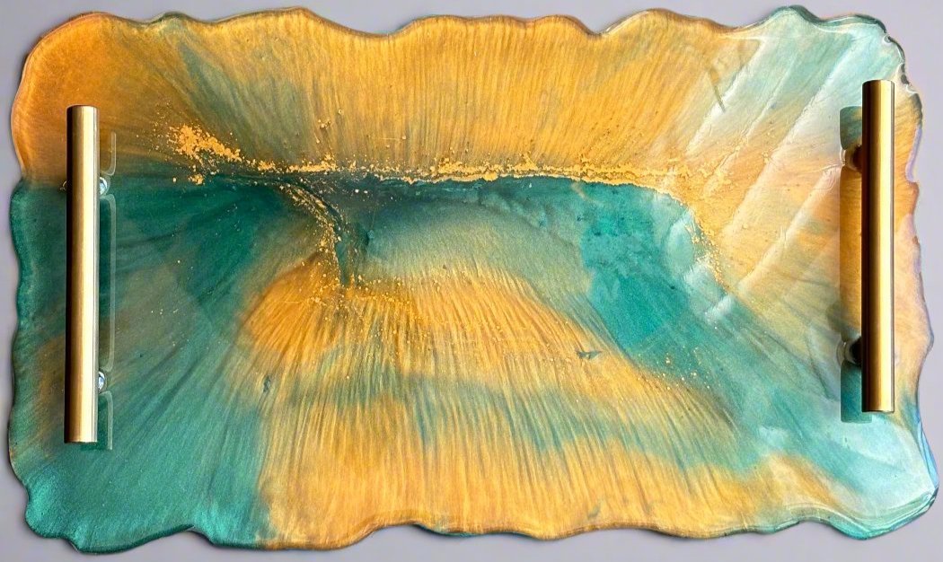 Green & Gold Resin Serving Tray with Gold Handles