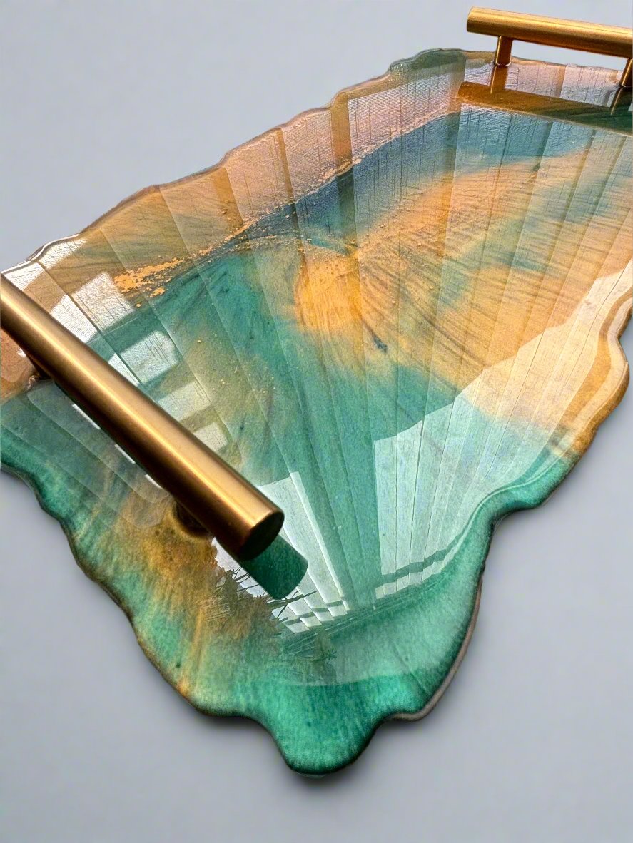 Green & Gold Resin Serving Tray with Gold Handles