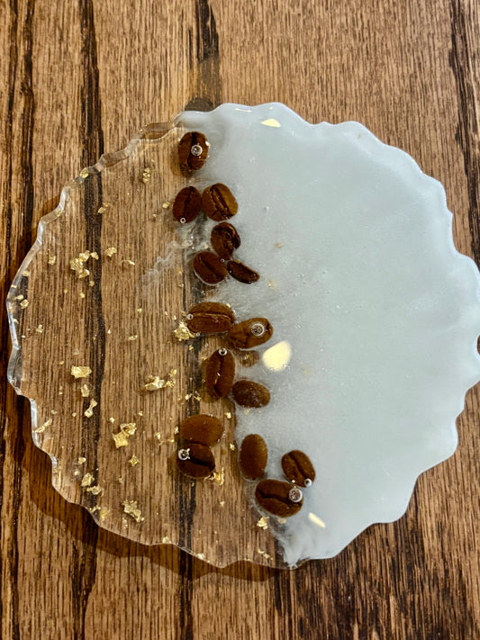 White & Gold leaf coaster with real coffee beans