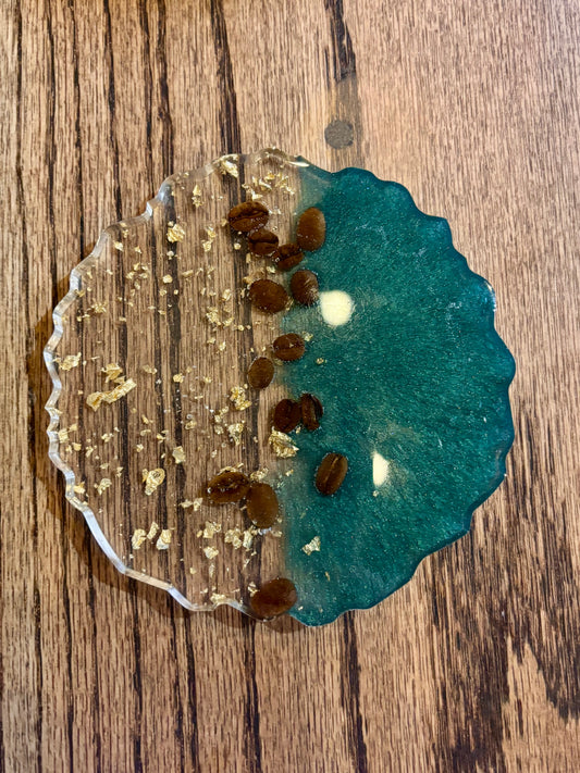 Jungle Green & Gold leaf coaster with real coffee beans