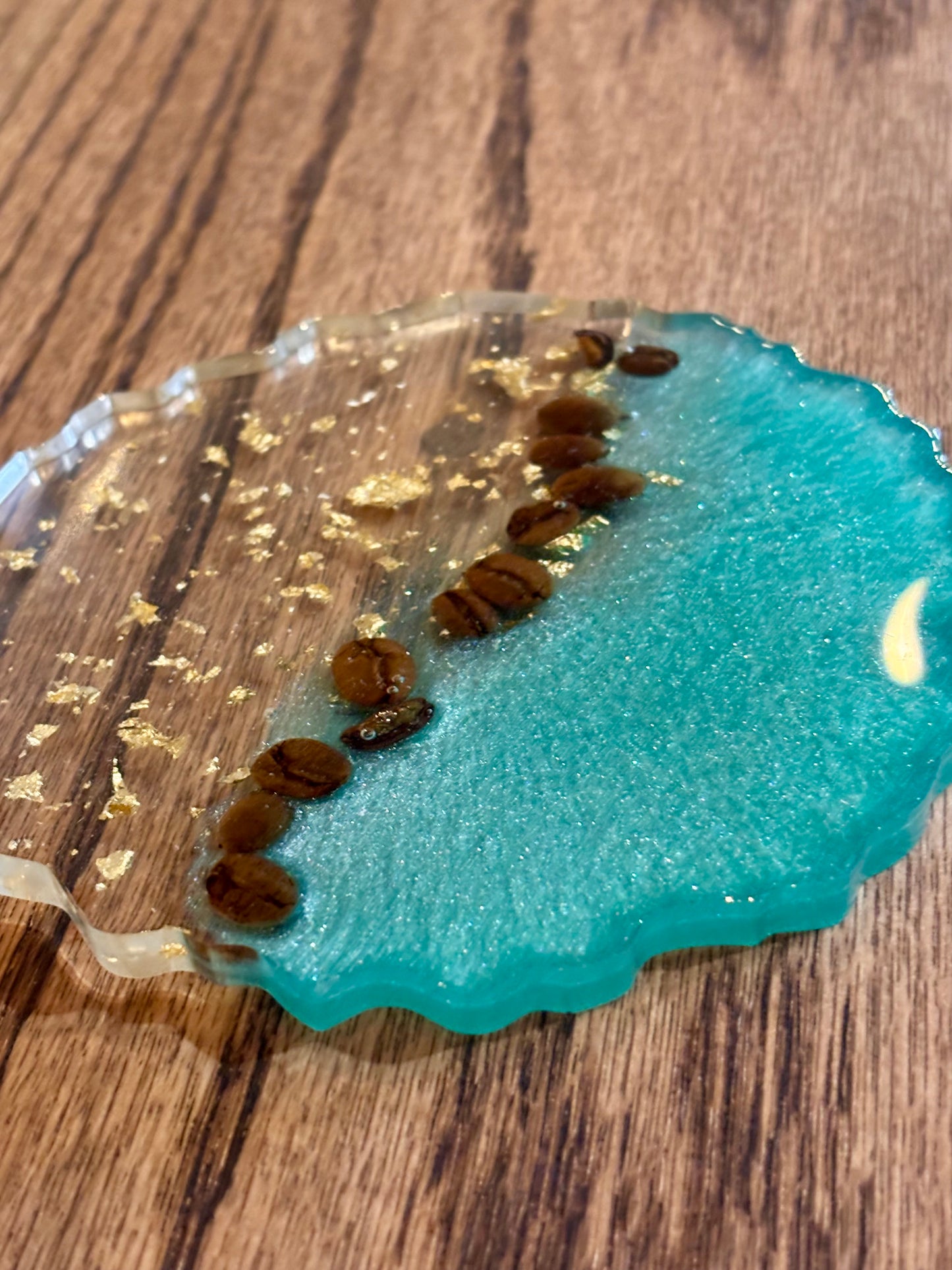 Teal & Gold leaf coaster with real coffee beans