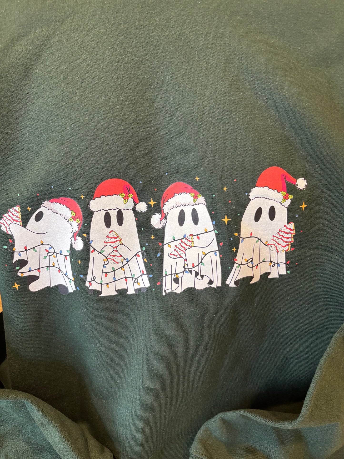 Ghosts with holiday hat & mini tree & lights - crewneck