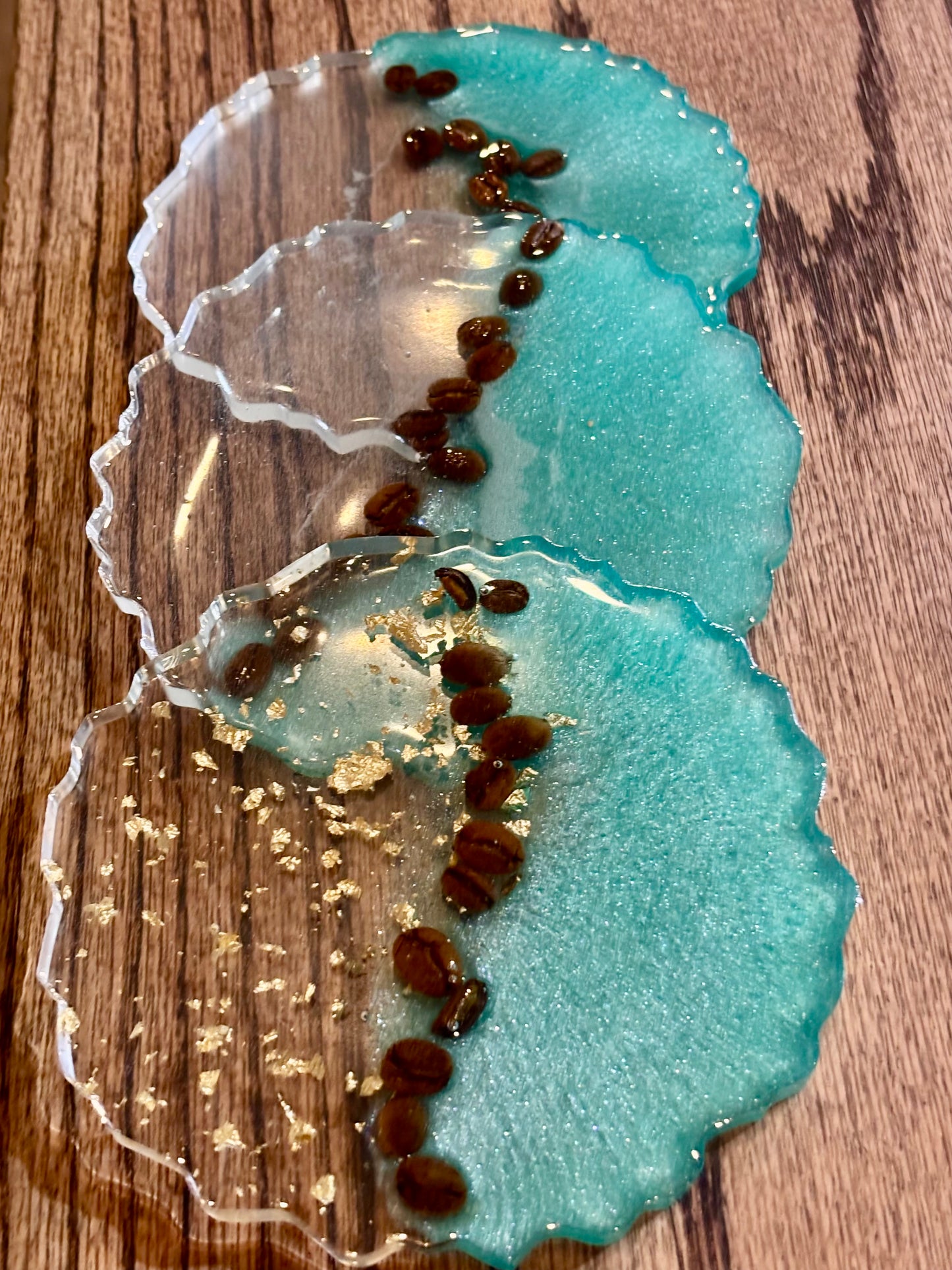 Teal & Gold leaf coaster with real coffee beans