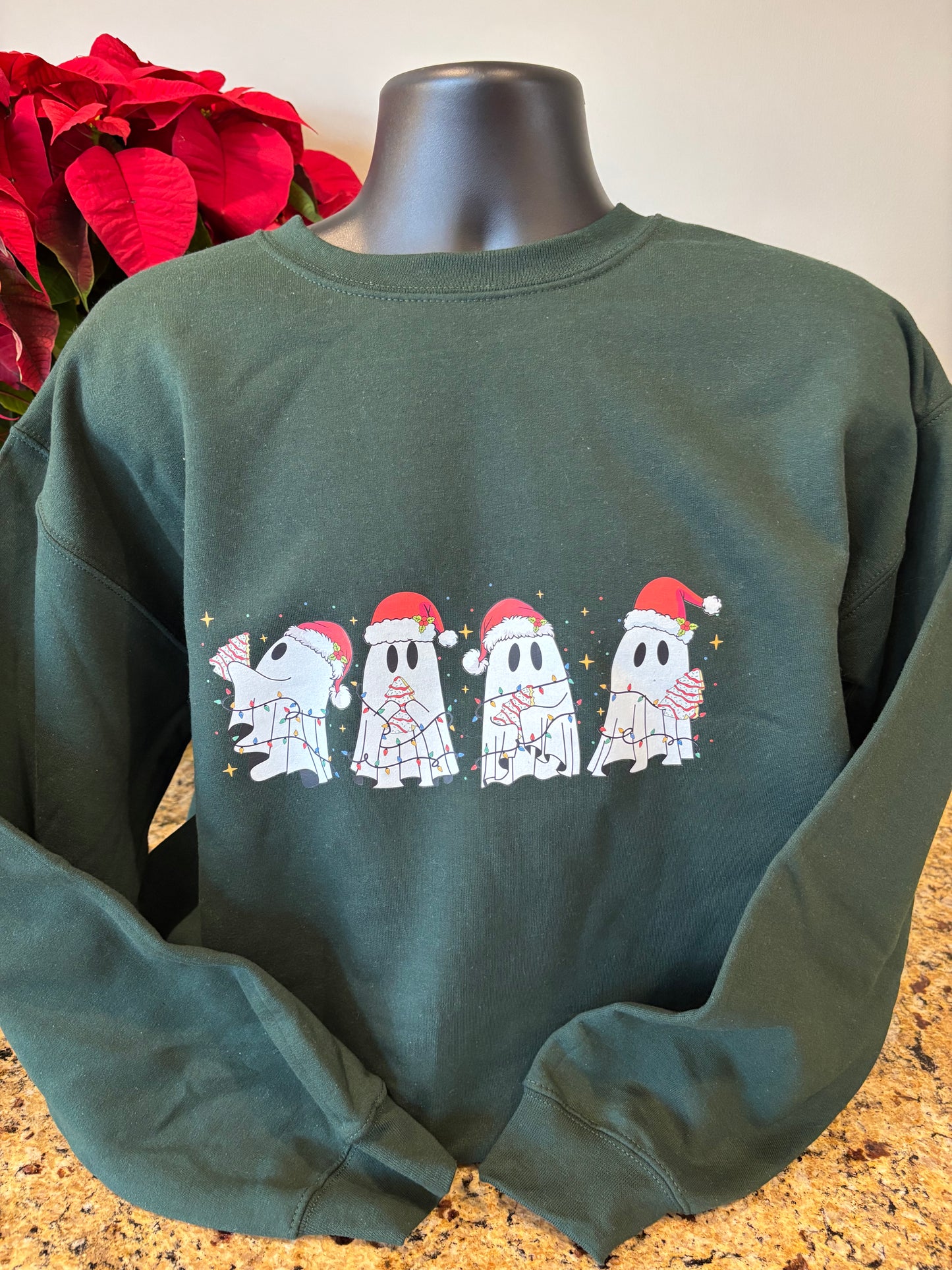 Ghosts with holiday hat & mini tree & lights - crewneck