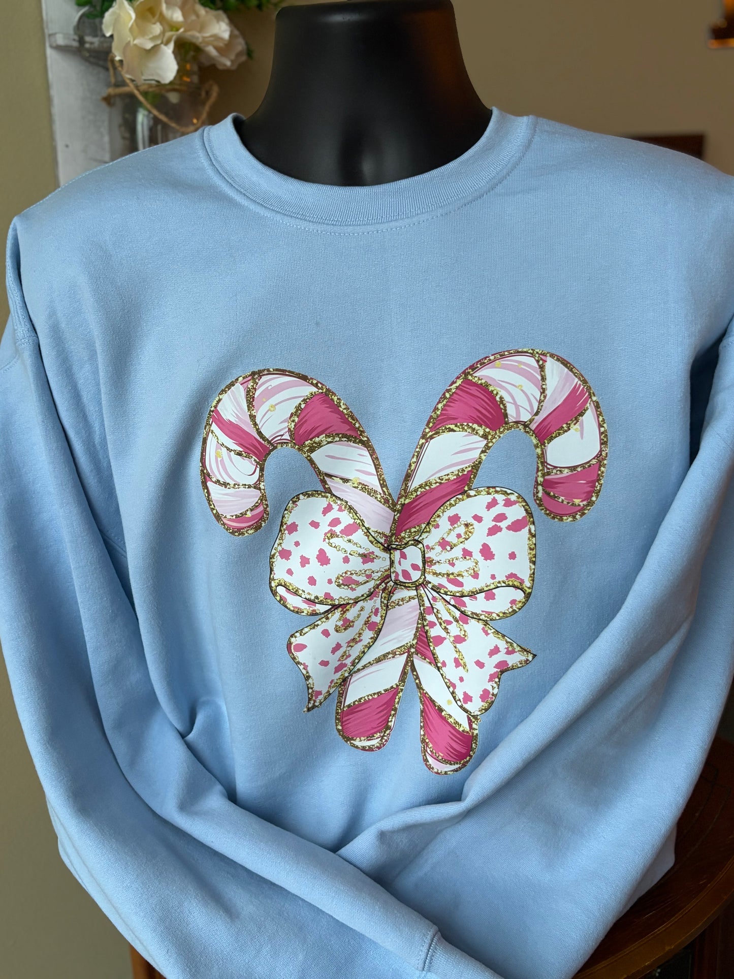 Large cute candy canes with bow- crewneck