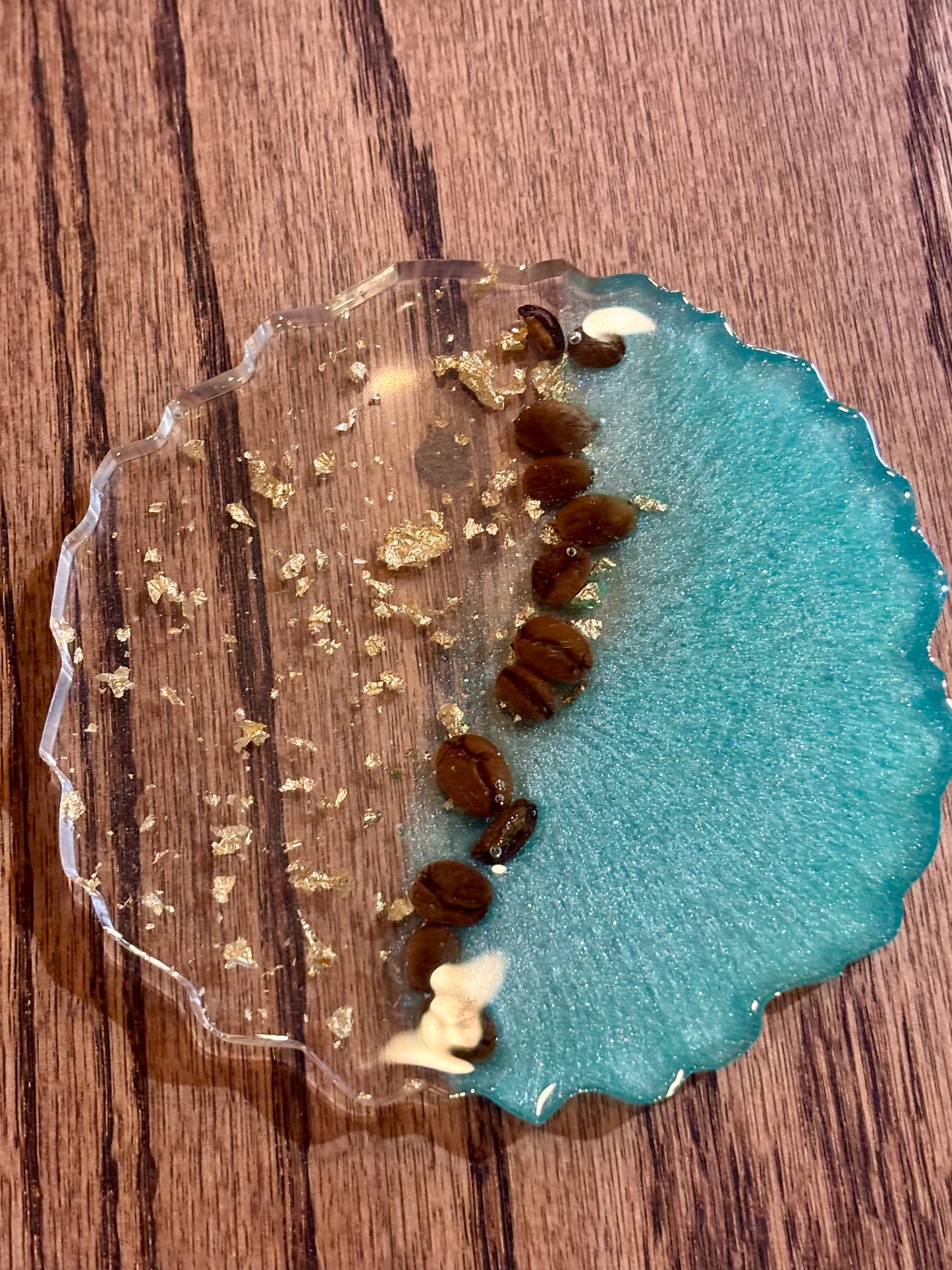 Teal & Gold leaf coaster with real coffee beans