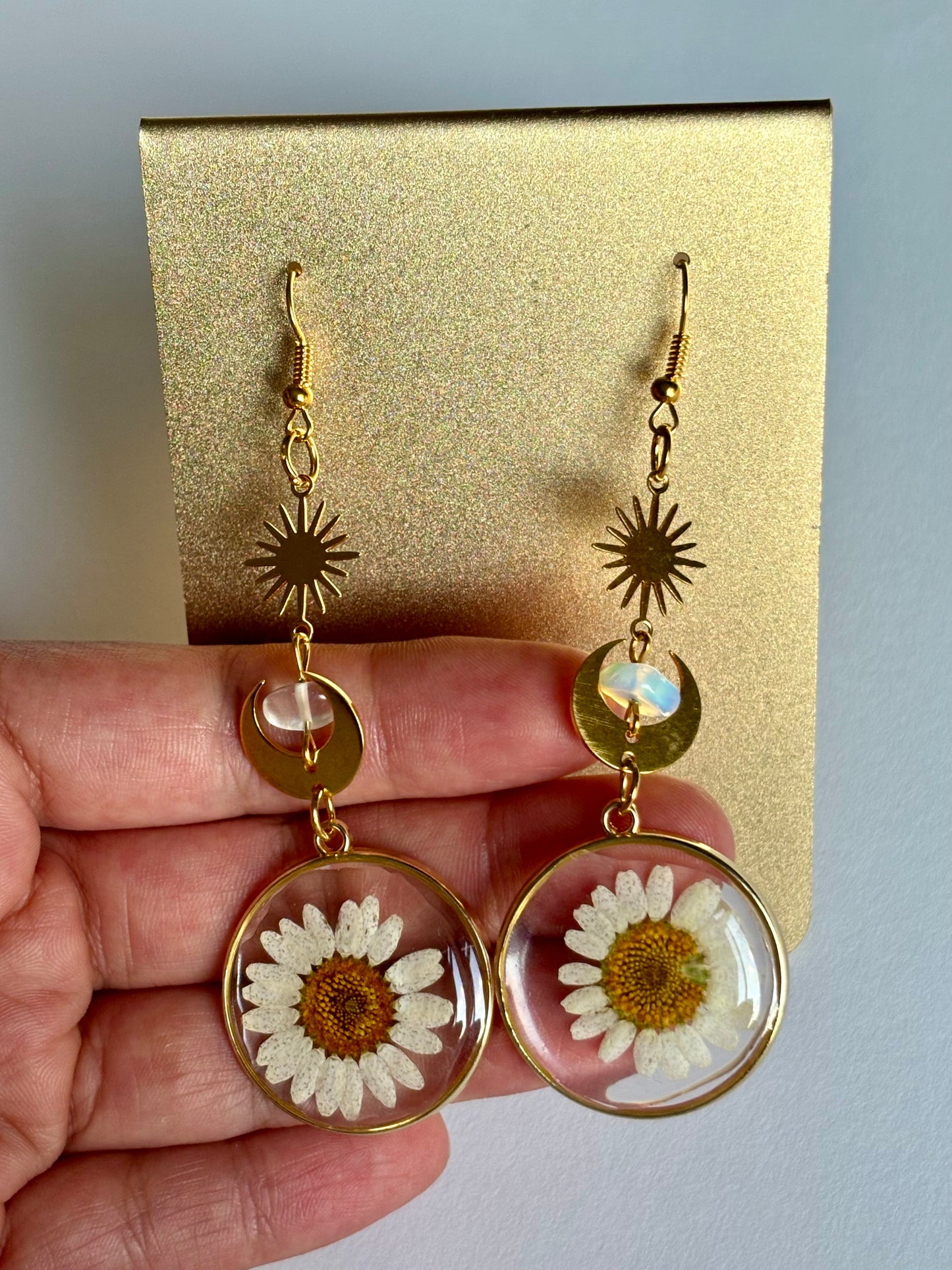 Resin Daisy Dangle earrings with Sunburst and Crescent Moon