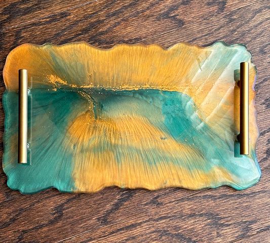 Green & Gold Resin Serving Tray with Gold Handles