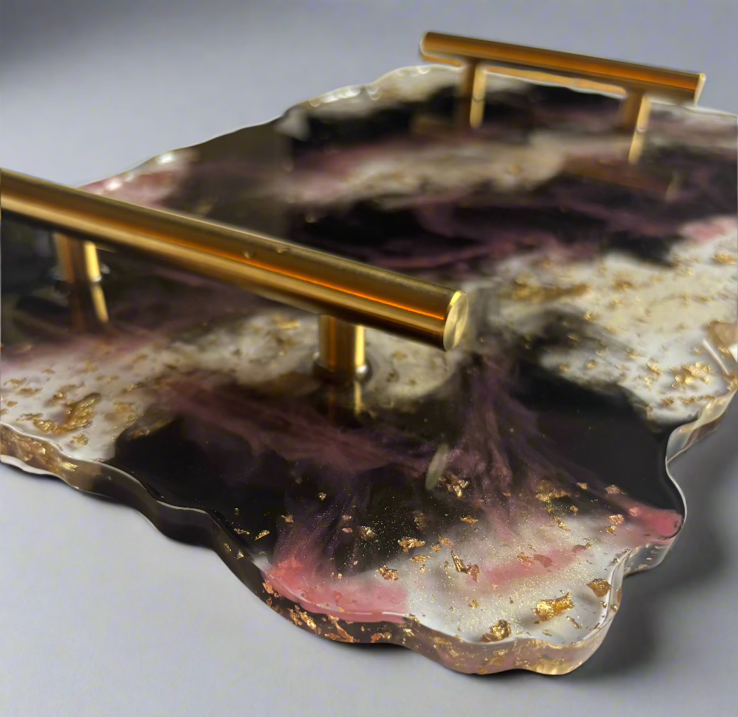 Black, clear with gold flakes with a hint of pink- Serving Tray