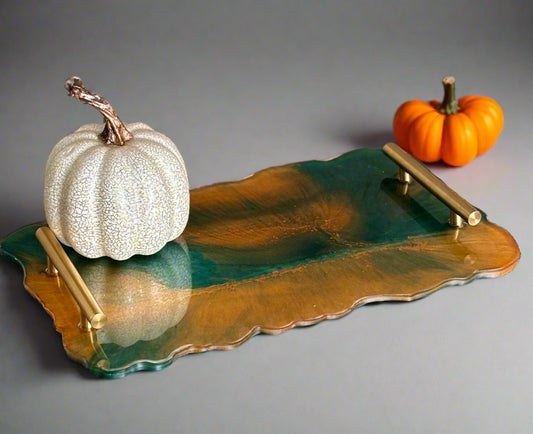 Green & Gold Resin Serving Tray with Gold Handles